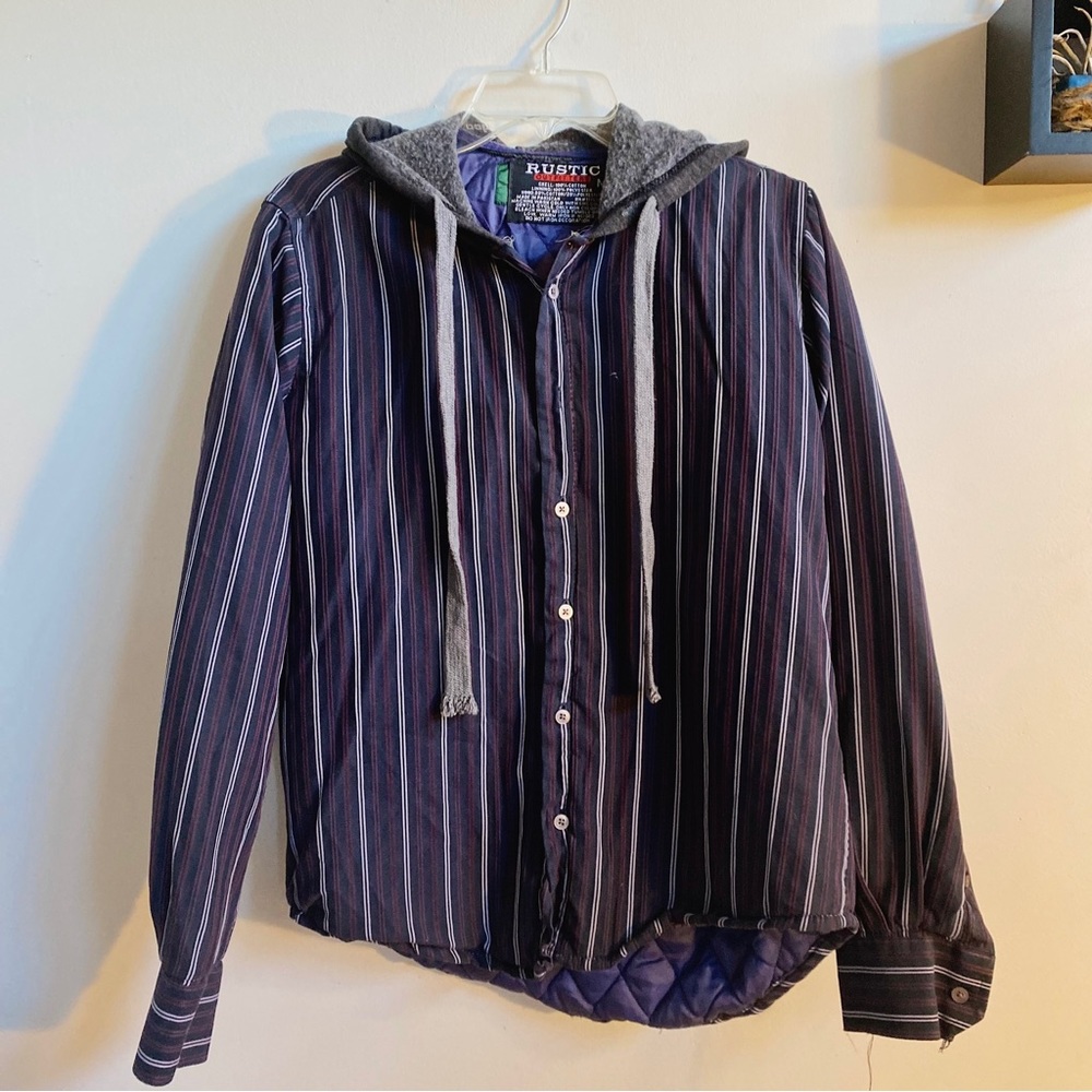 Vintage Navy, Burgundy, & White Striped Hooded Flannel Shacket | Size Medium